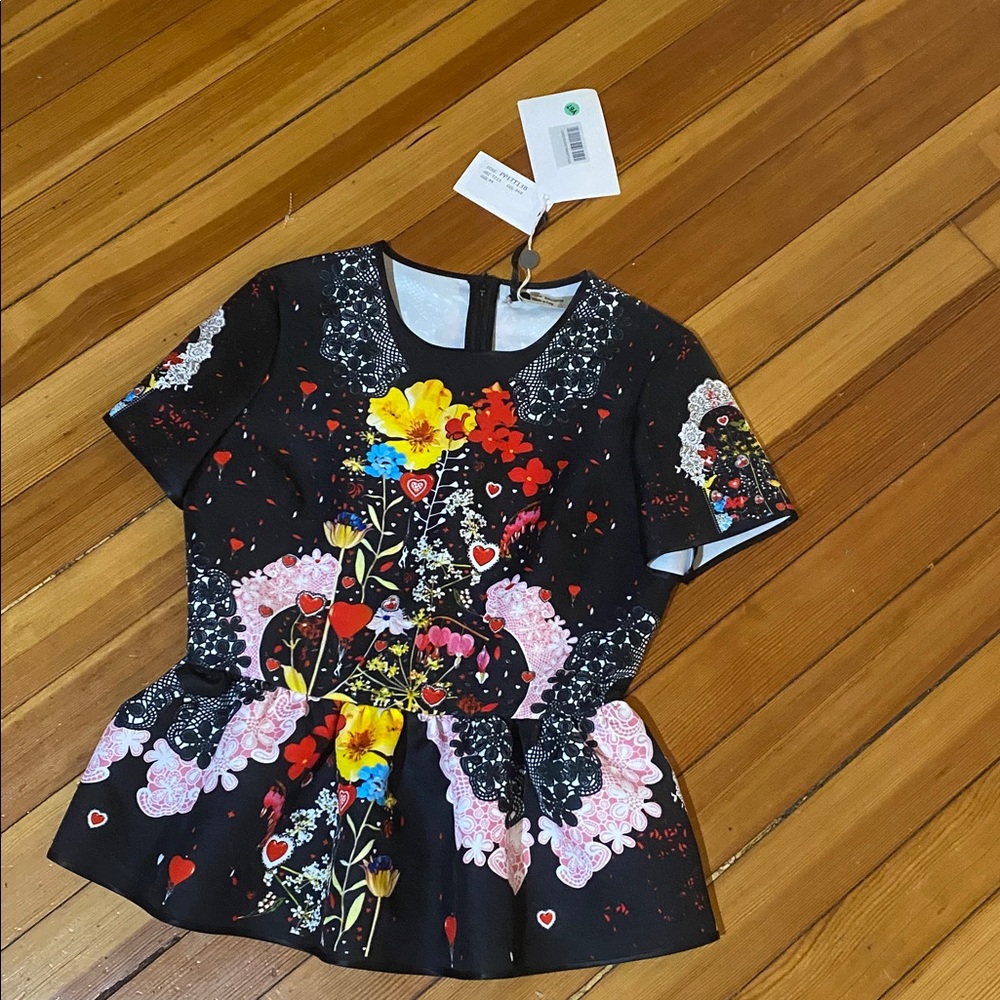 Nwt Piccione piccione heart floral graphic print peplum black top made in Italy - Picture 2 of 8